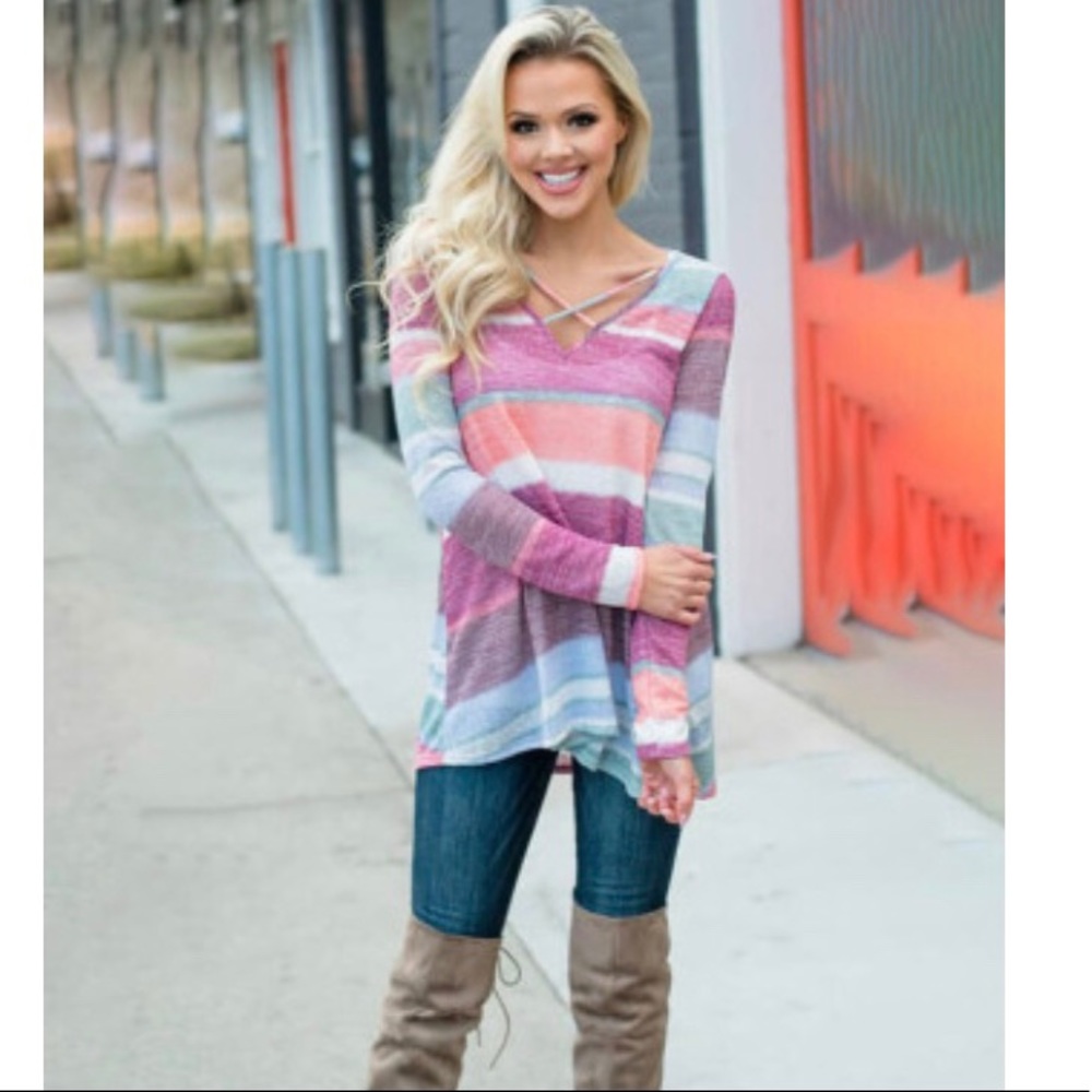 🍭 Multi Colored Striped Criss Cross Top - Picture 2 of 5